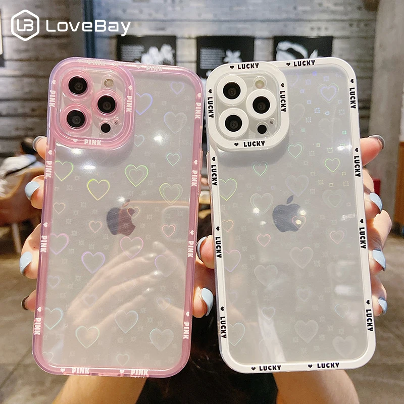 

Candy Color Transparent Gradient Laser Love Heart Letters Phone Case For iPhone 13 12 11 Pro Max X XS XR 7 8 14Plus SE 20 Bumper