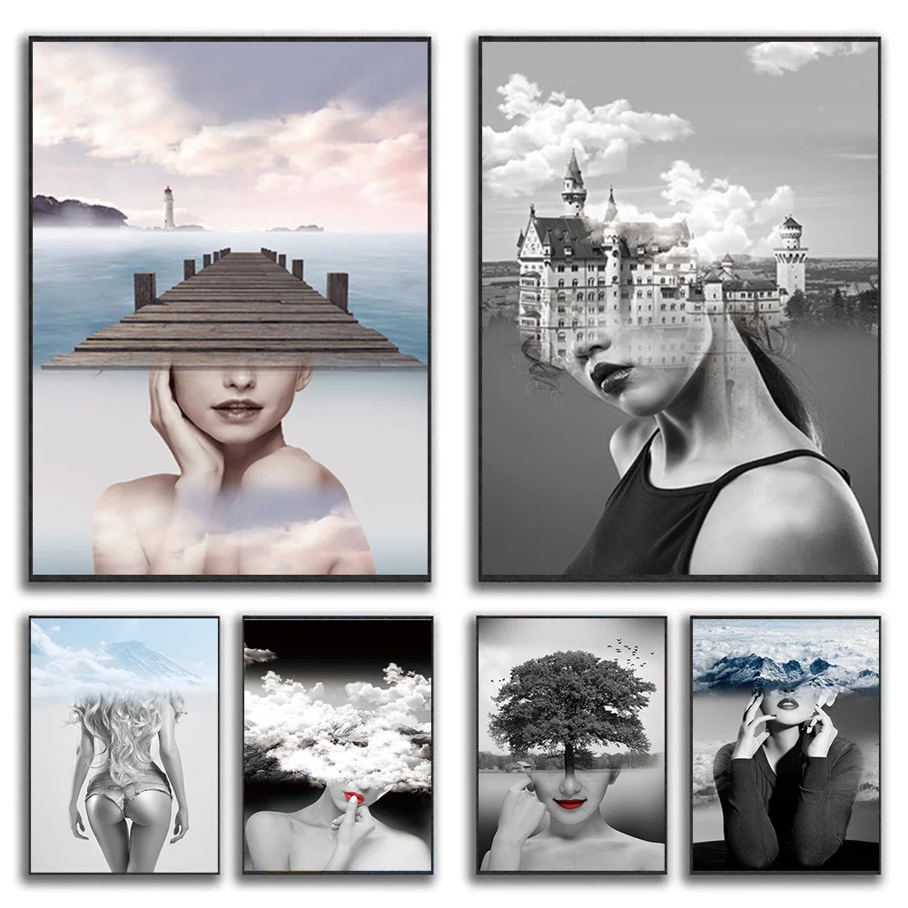 

Surreal Figures and Landscapes Abstract Art Canvas Painting Black and White Poster and Print for Living Room Wall Art Home Decor