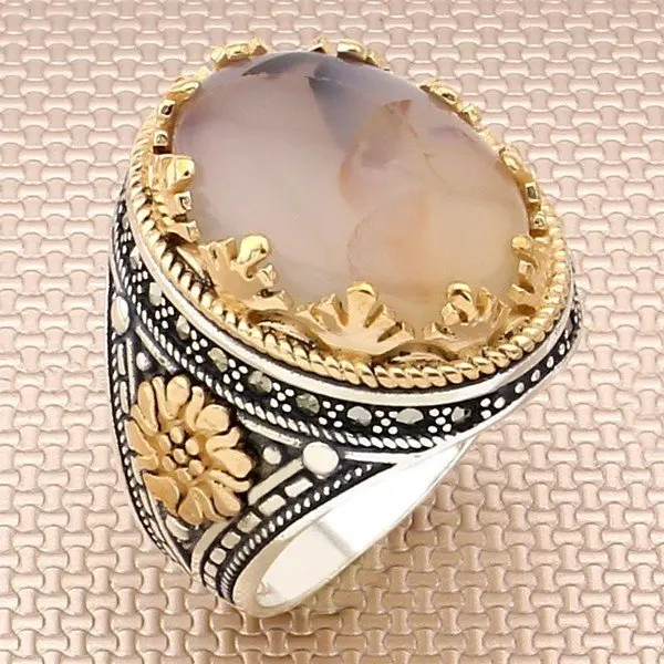 

Vintage Oval Yemen Agate Stone Men Silver Ring With Bronz Color Big Heavy Daisy Motif Solid 925 Sterling Silver