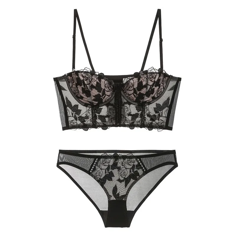 

New French Flower Embroidery Underwear Soft Underwire Push Up Breasts Corset Sexy Vest Bra Set