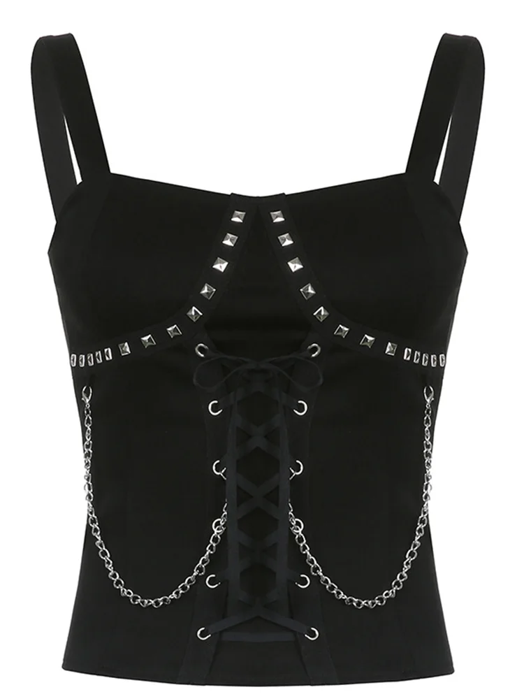 Женский топ с заклепками InsDoit черный облегающий в готическом стиле без рукавов на