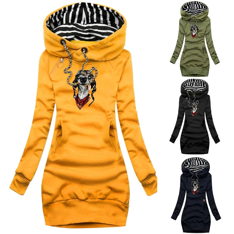 

Woman Sweatshirt Dress Hoodies Autumn Sports Casual Long Sleeve Print Hooded Dress Women Casual Hooded Sweatshirt