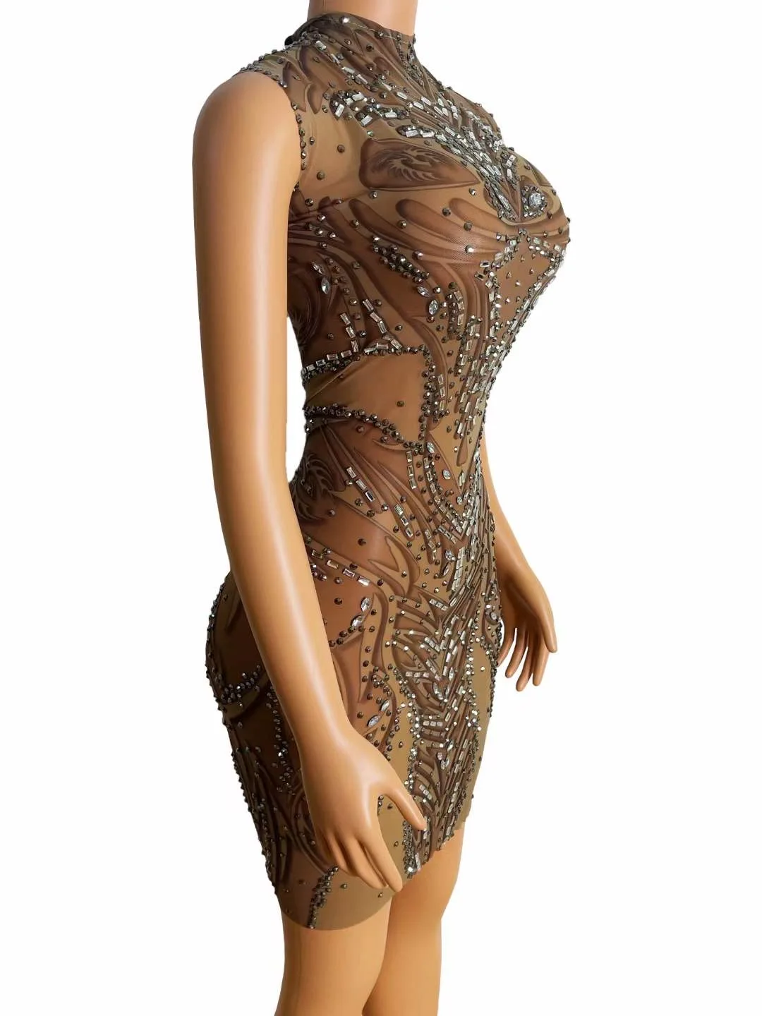 

Summer Sparkly Crystal Sleeveless Short Dress Transparent Mesh Sexy Outfit Women Nightclub Party Dance Performance Wear