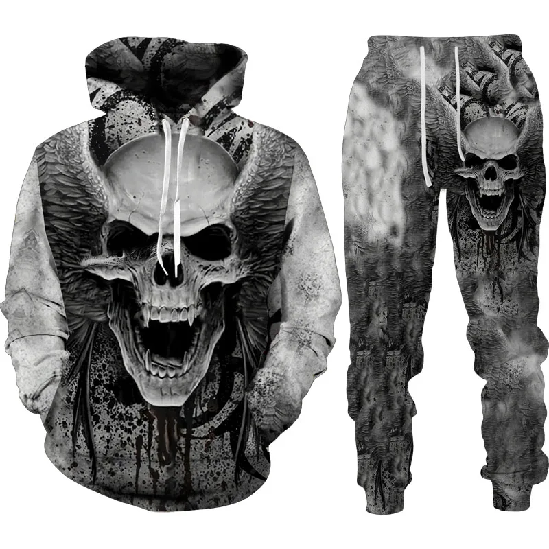 

Autumn Winter 3D Skull Printed Men's Hooded Sweater Set Male Sportswear Tracksuit Long Sleeve Halloween Men Clothing Suit