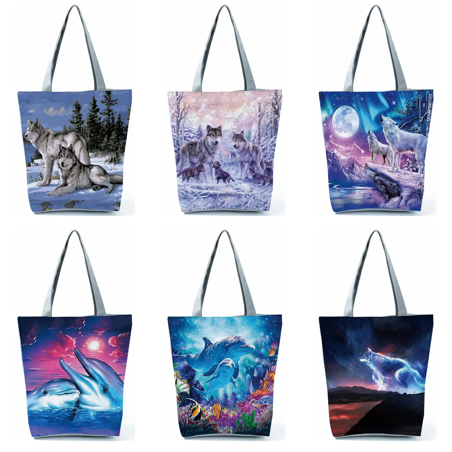 Wolf Printed Shopping Bag Casual High Capacity Storage Bag Women Handbags Foldable Portable Tote Reusable Ecobag Custom Pattern