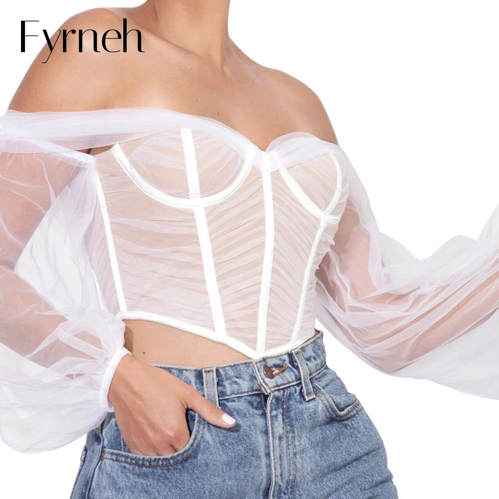 

Fyrneh Women Lantern Sleeve Corset Mesh Top Simple Chic Party Vacation Casual Outfits Bustiers Off Shoulder Top Cropped Shirt