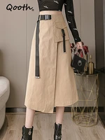 qooth asymmetric high waisted long midi skirt harajuku korean fashion vintage woman 2022 skirts qt1266