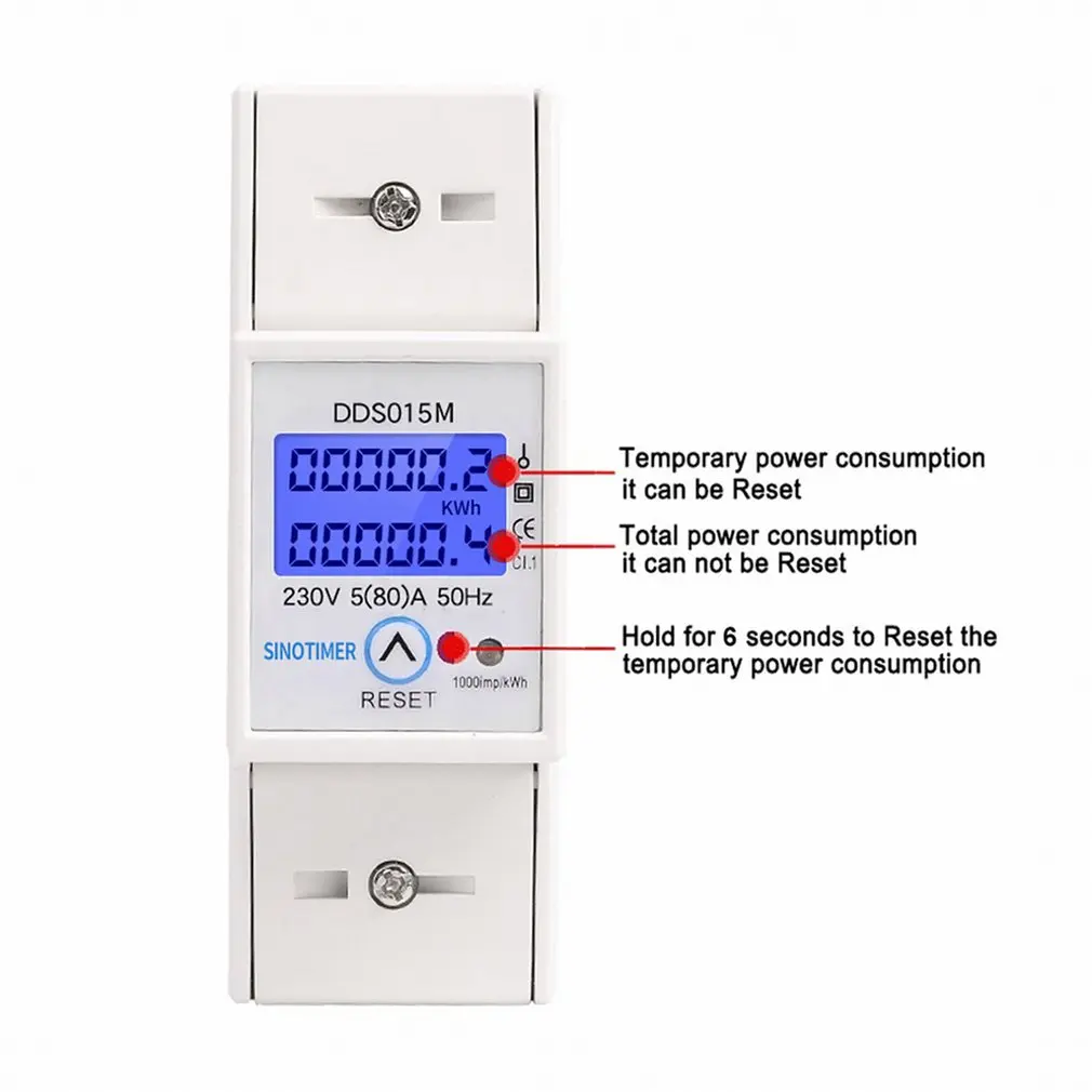 

DIN Rail 5-80A 230V AC 50Hz Single Phase Wattmeter Power Consumption Watt Electric Energy Meter KWh With Reset Function