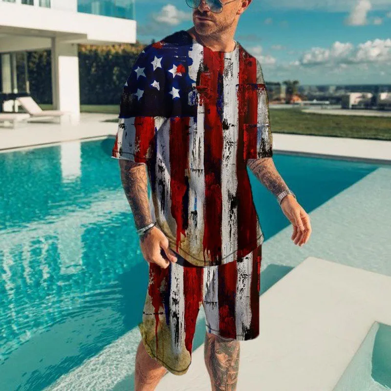 

Summer new 2022 Men's Hip Hop Casual American flag 3D printed men's suit 2 pieces casual O-collar shirt + men's shorts