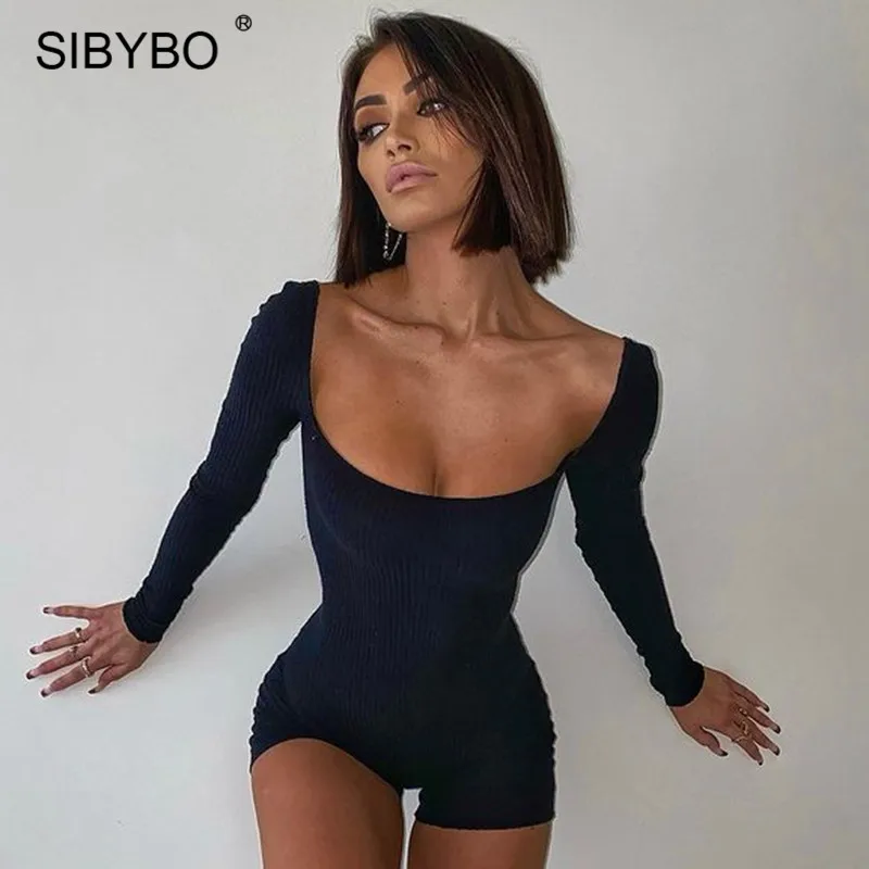 

Женский трикотажный комбинезон Sibybo, черный облегающий комбинезон с длинным рукавом и квадратным вырезом, осенняя одежда, 2021