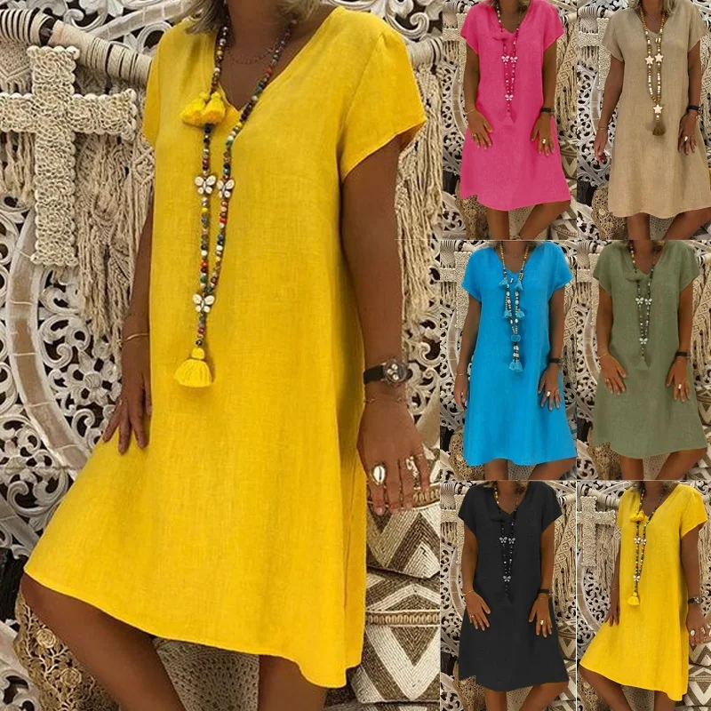 Женское хлопковое платье Бохо размера плюс повседневное льняное пляжное для