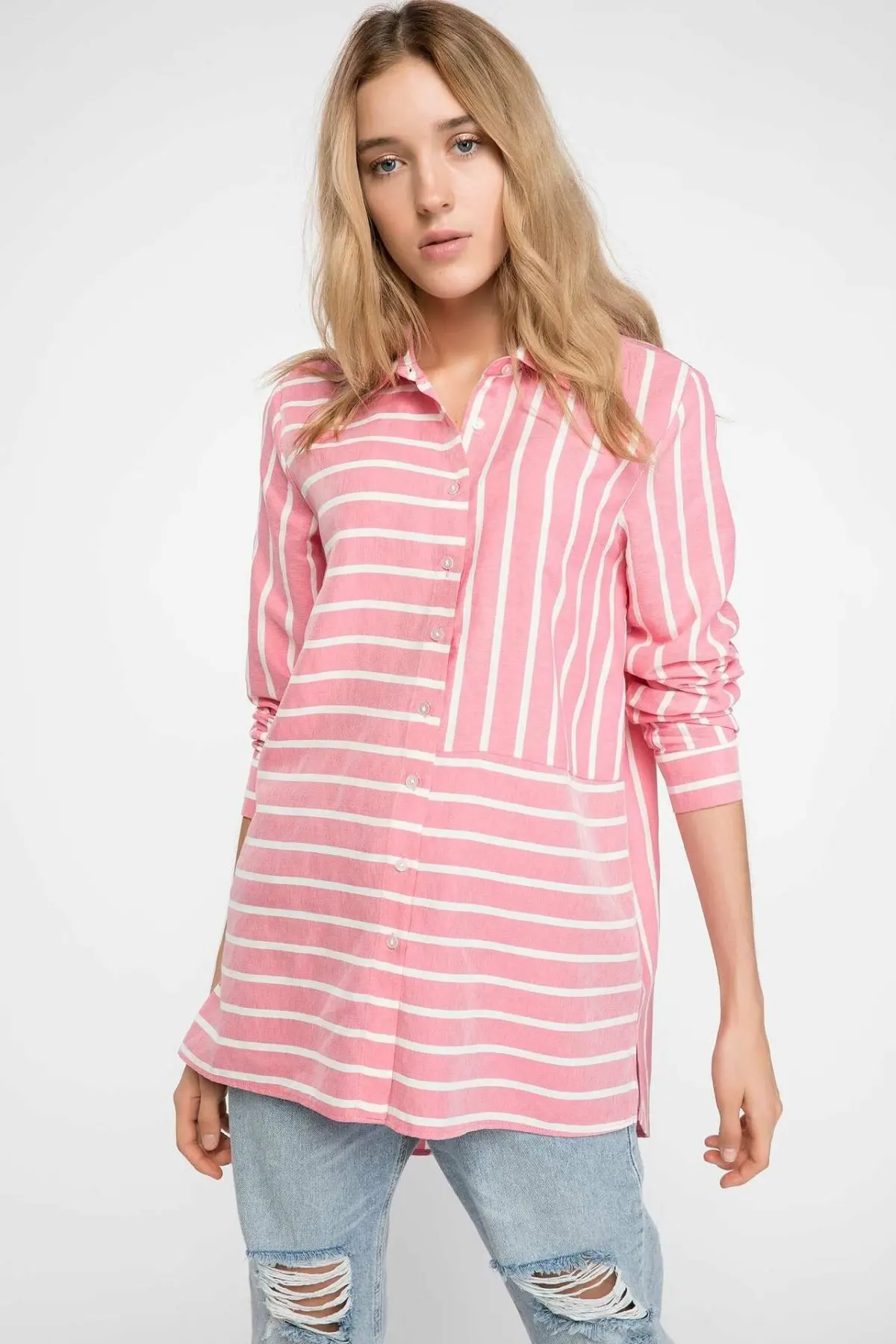 Дефакто Женская Осенняя белая розовая полосатая рубашка Повседневная с длинным