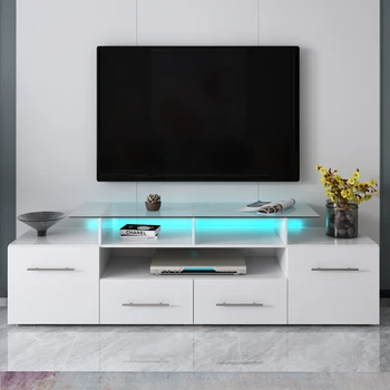 Modern Stylish Functional TV Stand W/Color Changing LED Lights Universal Entertainment Center High Gloss TV Cabinet for 70+ inch