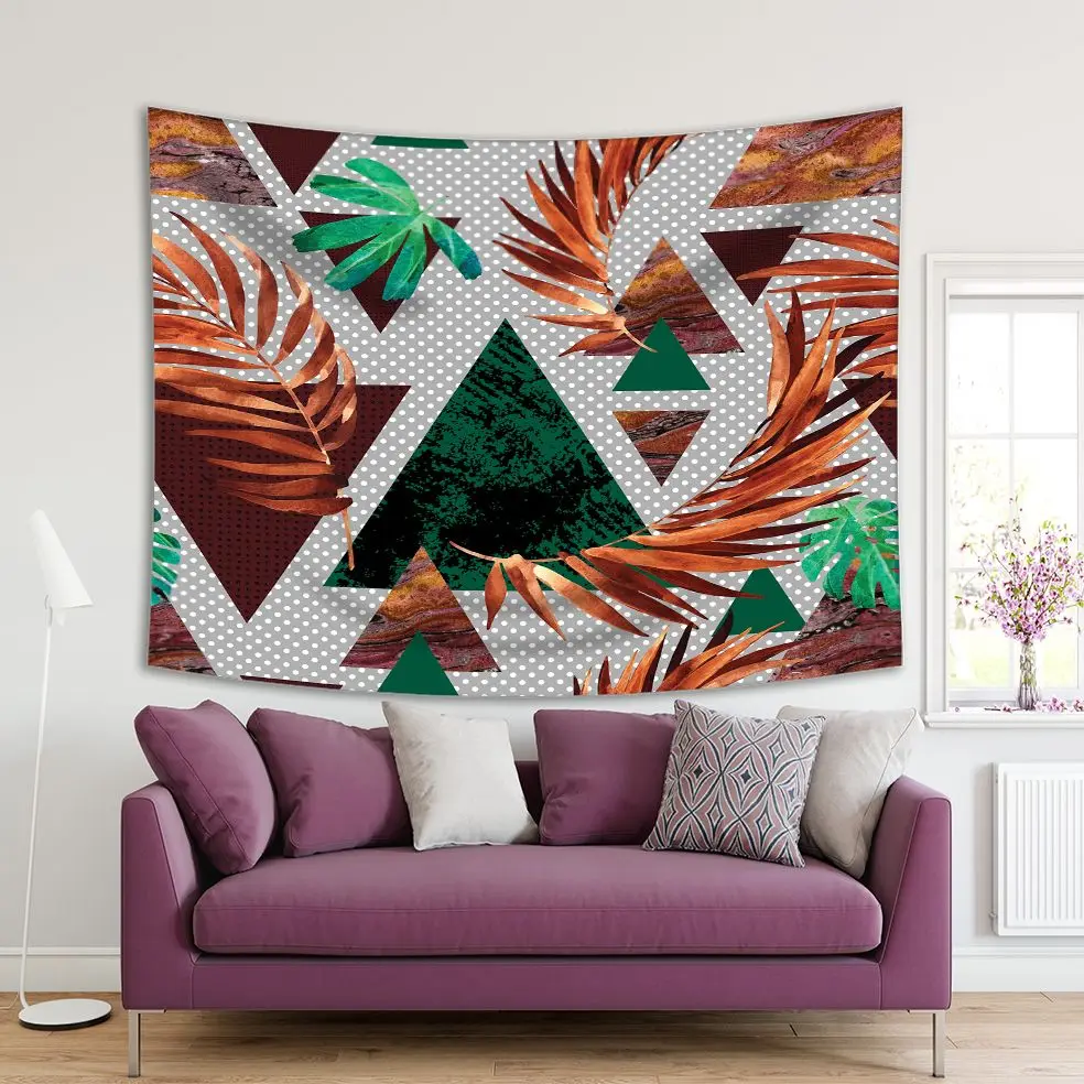 

Tapestry Exotic Leaves on Triangle Geometric Patterns Polka Dots on Grunge Effect Vintage Style Art Brown Green Gray