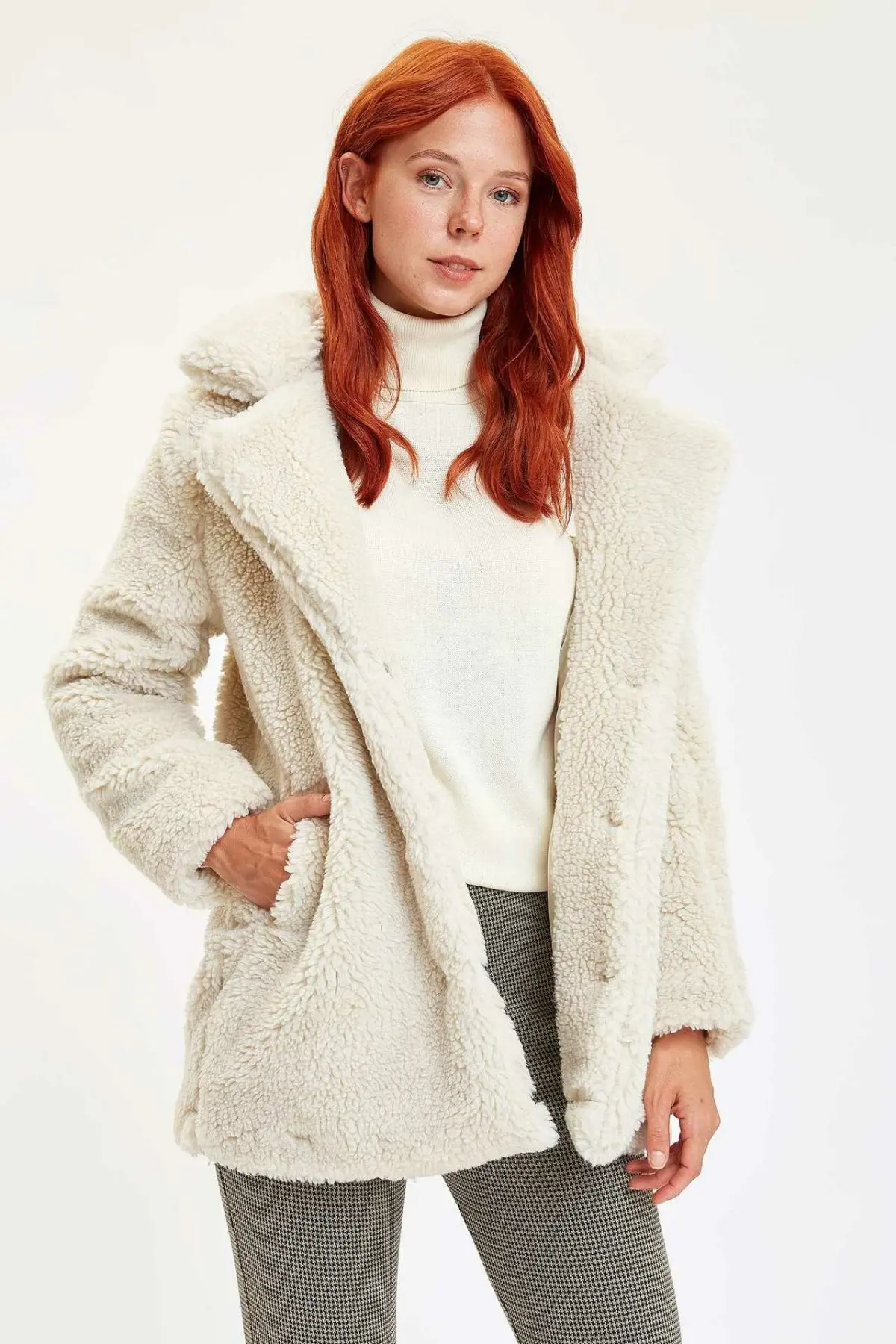 DeFacto модная женская меховая белая куртка с воротником лацканами женское