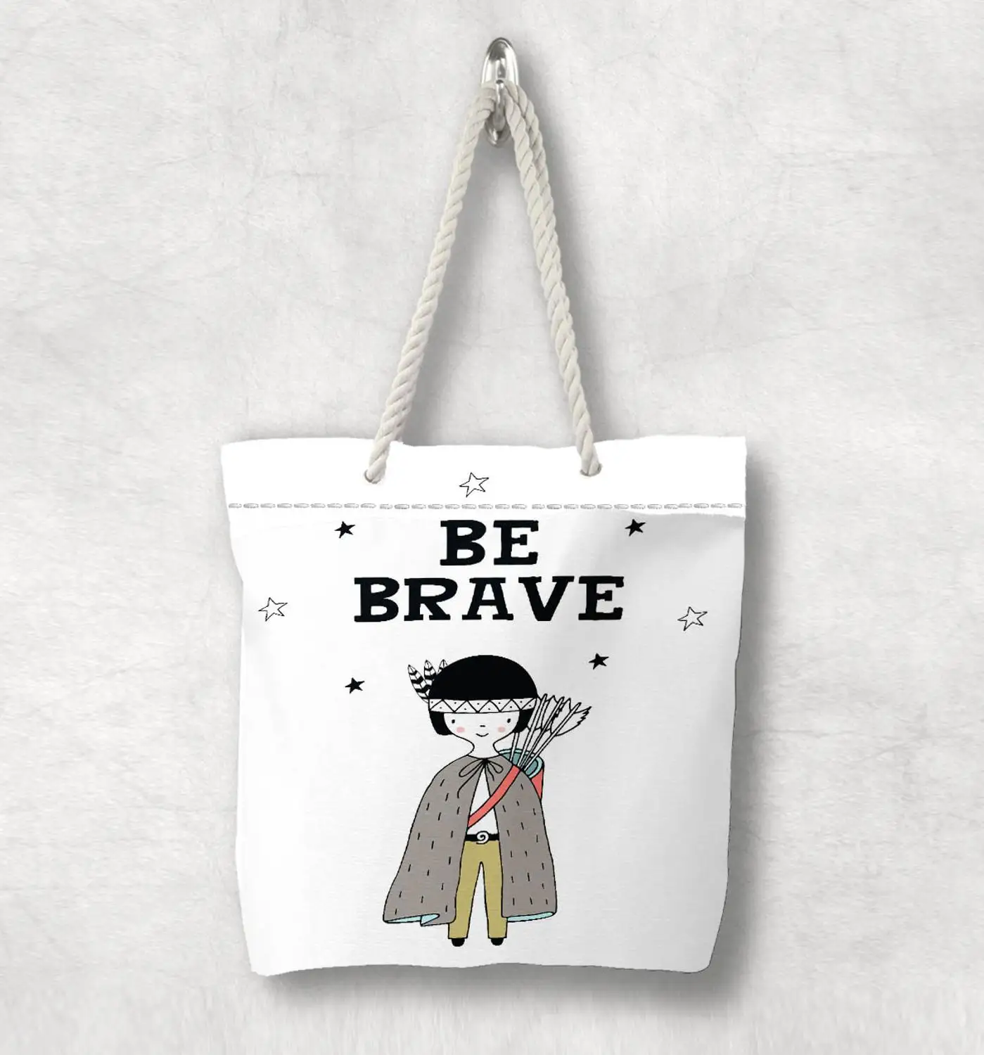 В богемном стиле Скандинавская белая холщовая сумка с ручками из веревки Be Brave Boy