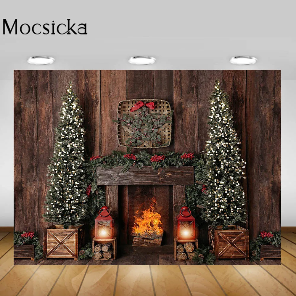 

Mocsicka Wooden Photography Backdrop Newborn Baby Portrait Photo Background Christmas Decoration for Photo Studio Pine Tree Fire