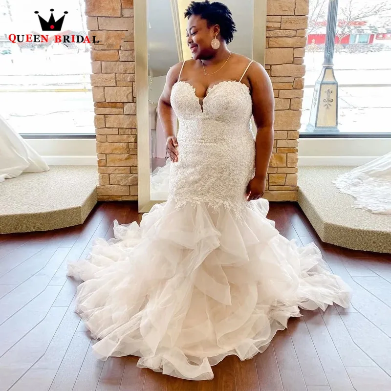 

Sexy Mermaid Wedding Dress Sweetheart Ruffle Train Tulle Lace Beaded Crystal Plus Size Bride Dresses DJ07