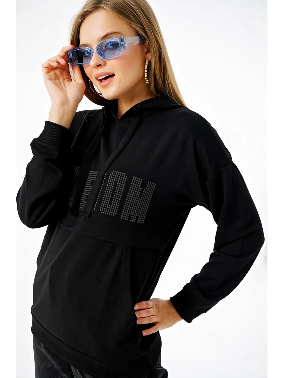 

imal Women's Freedom Printed Pocket Hooded Sweatshirt Fashion stylish comfortable black green lilac girl lady made in Turkey