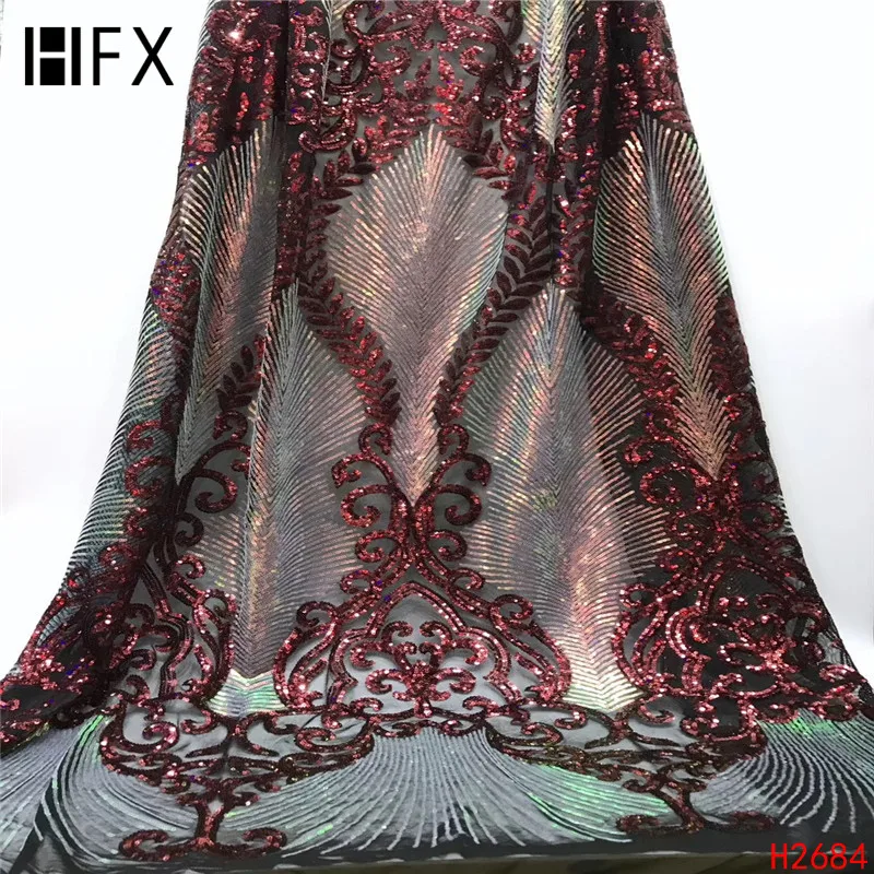 

HFX african lace fabric 2019 high quality lace sequins purple tulle lace african glitter net lace for wedding X2684