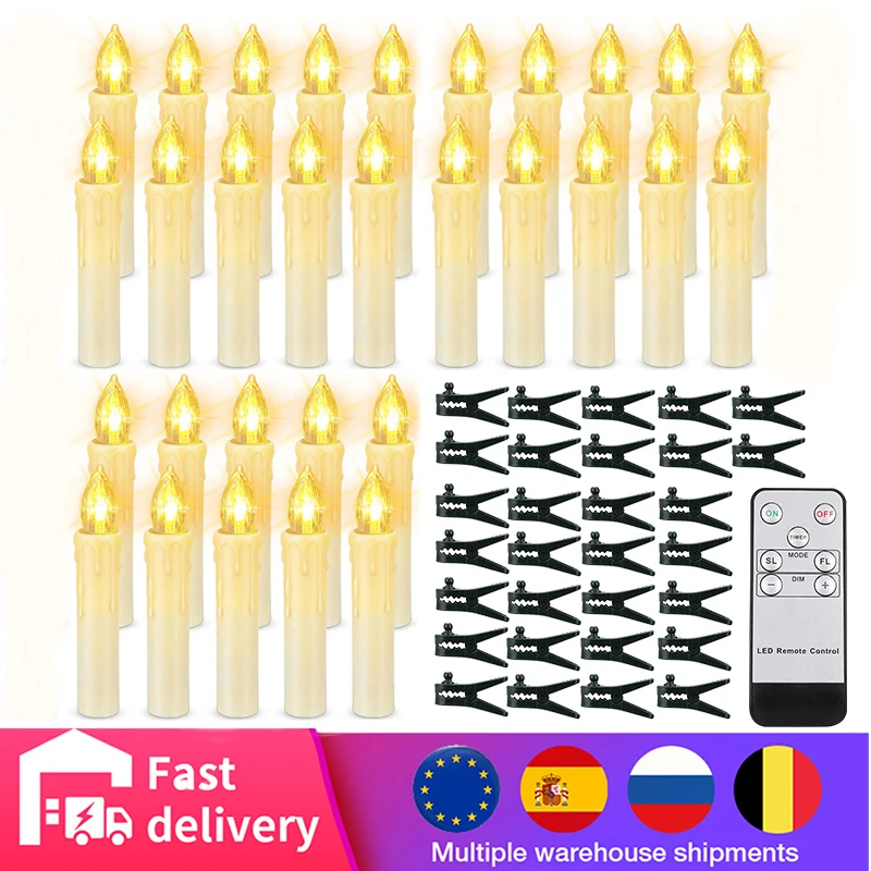 

30Pcs Christmas Tree Candles Flameless Battery Operated With Timer Remote Control Led Candle For New Year & Halloween Decoration