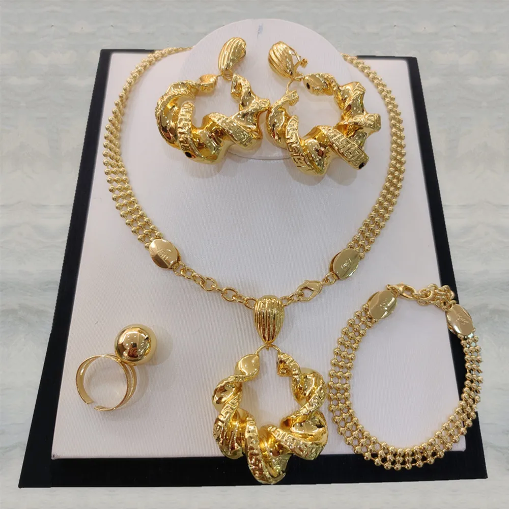 

Dubai Gold Color Jewelry Set for Women Necklace Drop Earriings Bracelet Ring Sets for Nigerian Wedding African Jewelry Accessory