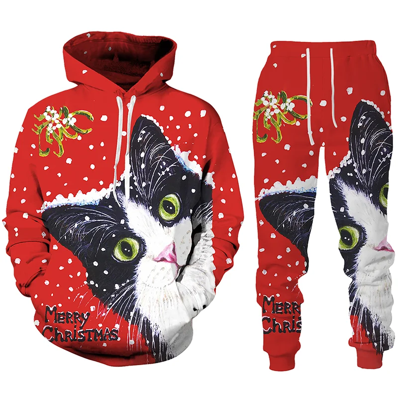 New Fashion Men Women Christmas Print Hoodie Suits Men Long Sleeve Pullover + Pants Loose Hooded Sweatshirt Set
