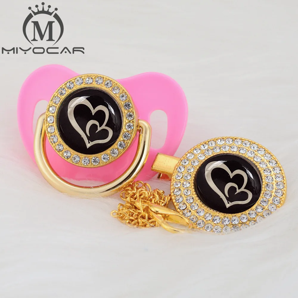 

MIYOCAR Gold silver lovely two heart beautiful Gold bling pacifier and pacifier clip BPA free dummy bling unique design GH-08