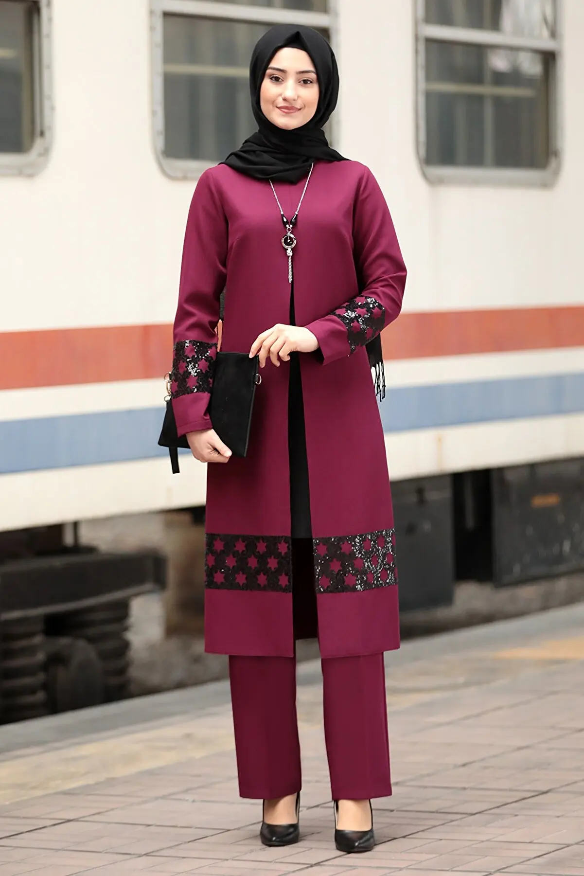

Modest Muslim Women's Suit 2 Piece Sequin Detail Hijab Double Suit Evening Dress 2022 Moda Turkey Boutique Qatar Dubai