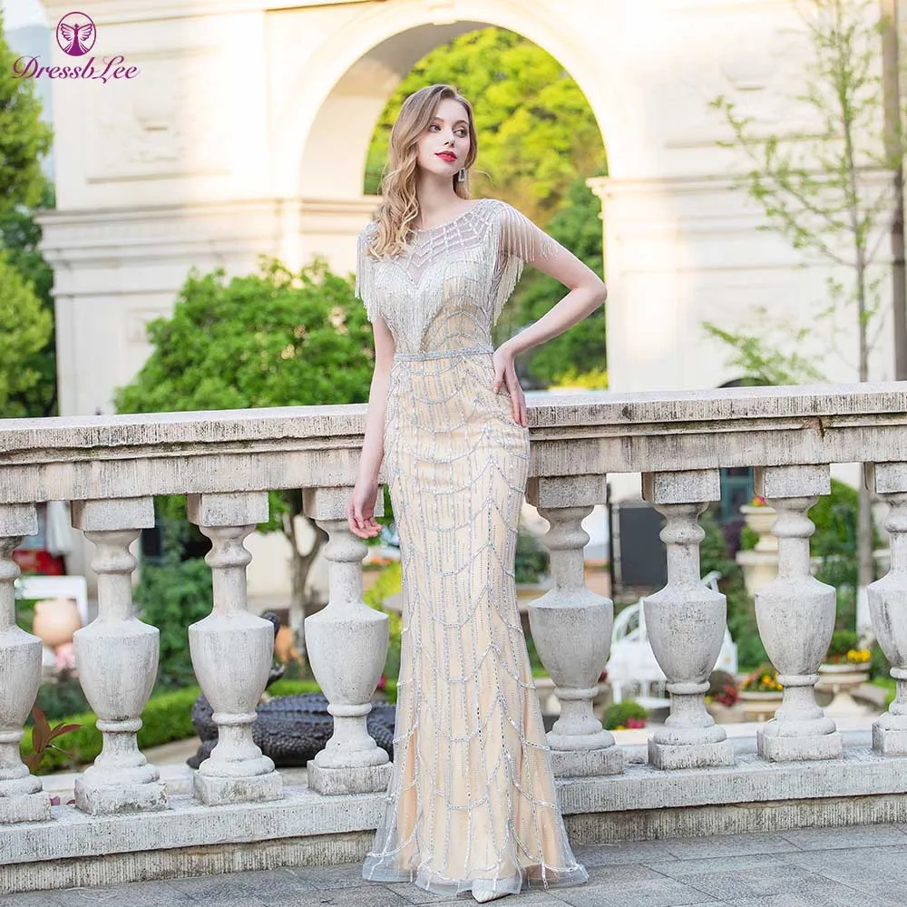 

DressbLee серебряное банкетное платье-Русалка с кисточками и круглым вырезом, длинное блестящее платье с бусинами и бриллиантами в полоску, сек...