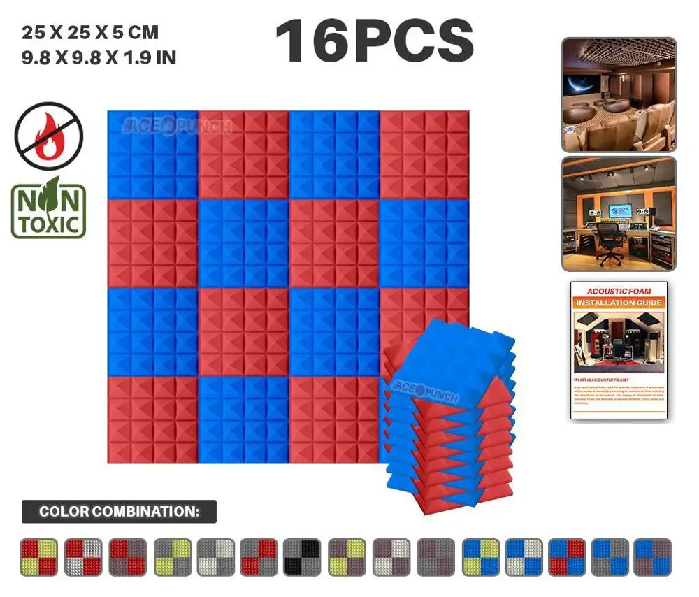 Blue and Red Arrowzoom 16 шт. набор цветов 9," x 9,8" x 1," Пирамида плитка студия Звукопоглощающая Панель акустическая пена AZ1034 - Цвет: Blue and Red