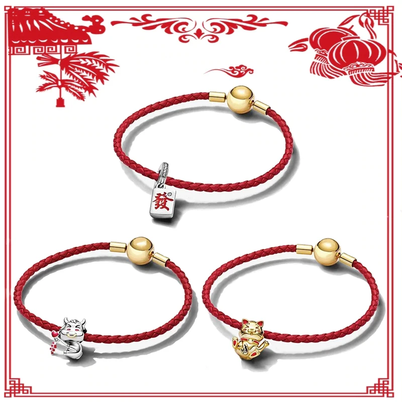 

2021 New High Quality Original New Year Rich Cat Mahjong Calf Leather Bracelet Set Romantic Retro Diy Jewelry For Lovers