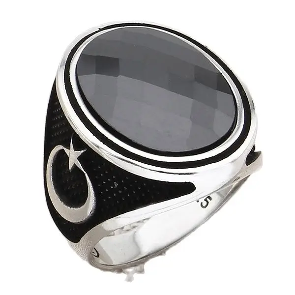 

925 Sterling Silver Men's Ring with Oval Black Zircon Natural Gemstone with Star and Crescent Jewelry Gift for Husband for Dad