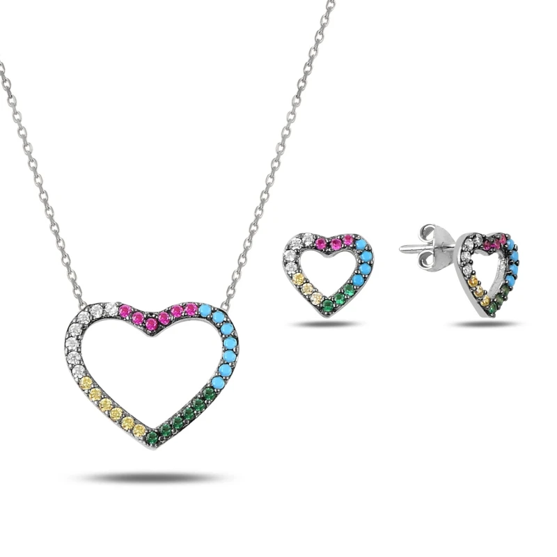 

Silver 925 Sterling Heart Mixed Color Zircon Stone Set