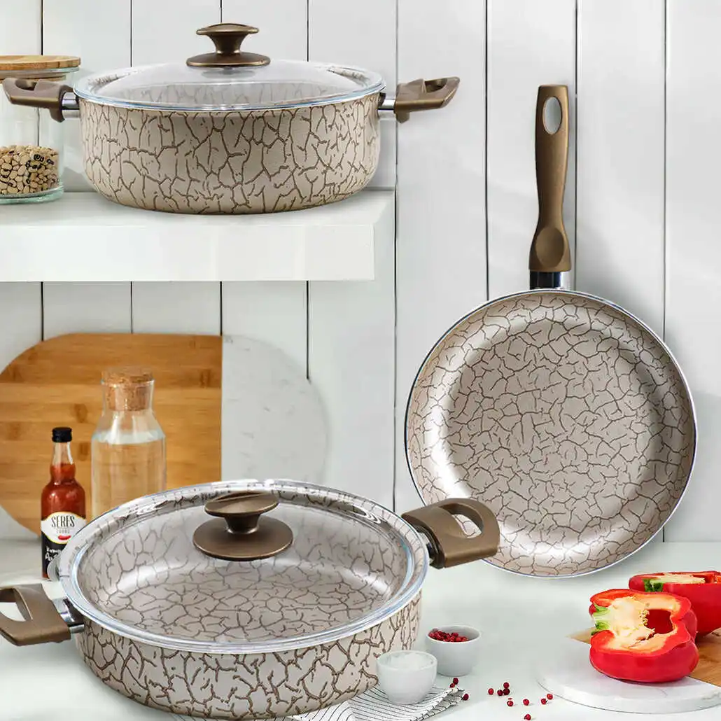 

Desert 5 Piece Granite Pot Pan Set modern design ergonomic skahverengi double handle glass cover yamek preparation full suit