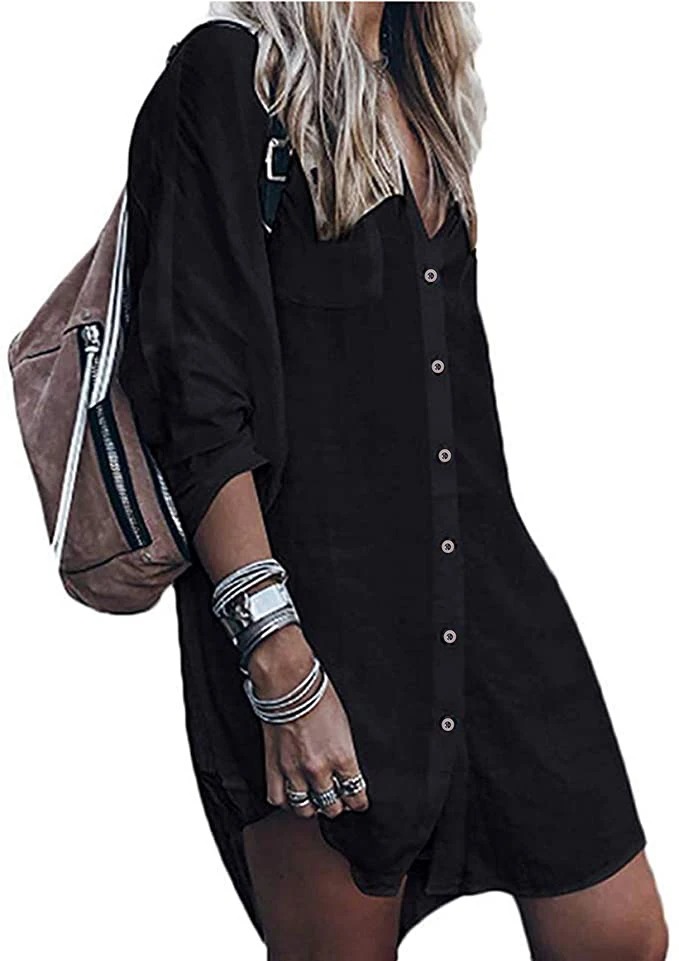 Модные летние женские свободные мини-рубашки платье на пуговицах Длинная блузка