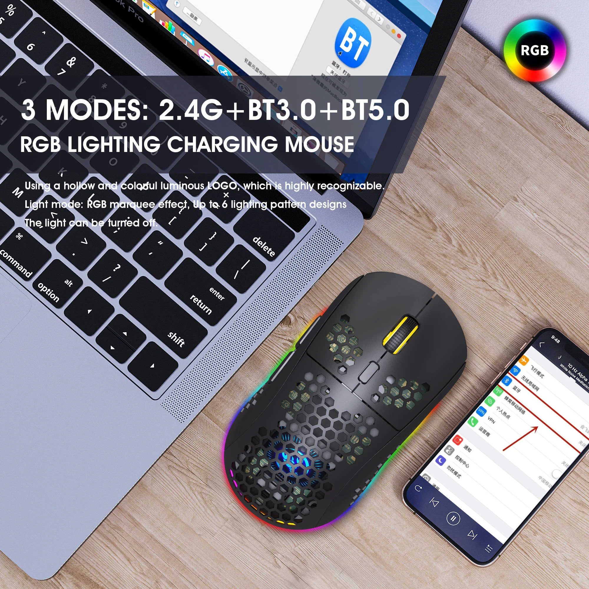 Перезаряжаемая оптическая беспроводная Bluetooth 3 0 2 4G 3600DPI режима компьютерная мышь