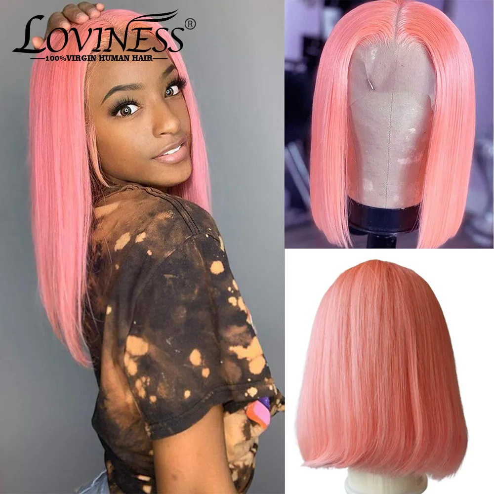 

Colored Pink 13x1 T Part Lace Front Bob Wigs Glueless Straight Pre Plucked Frontal Remy Human Hair Short Bleached Knots Bob Wigs