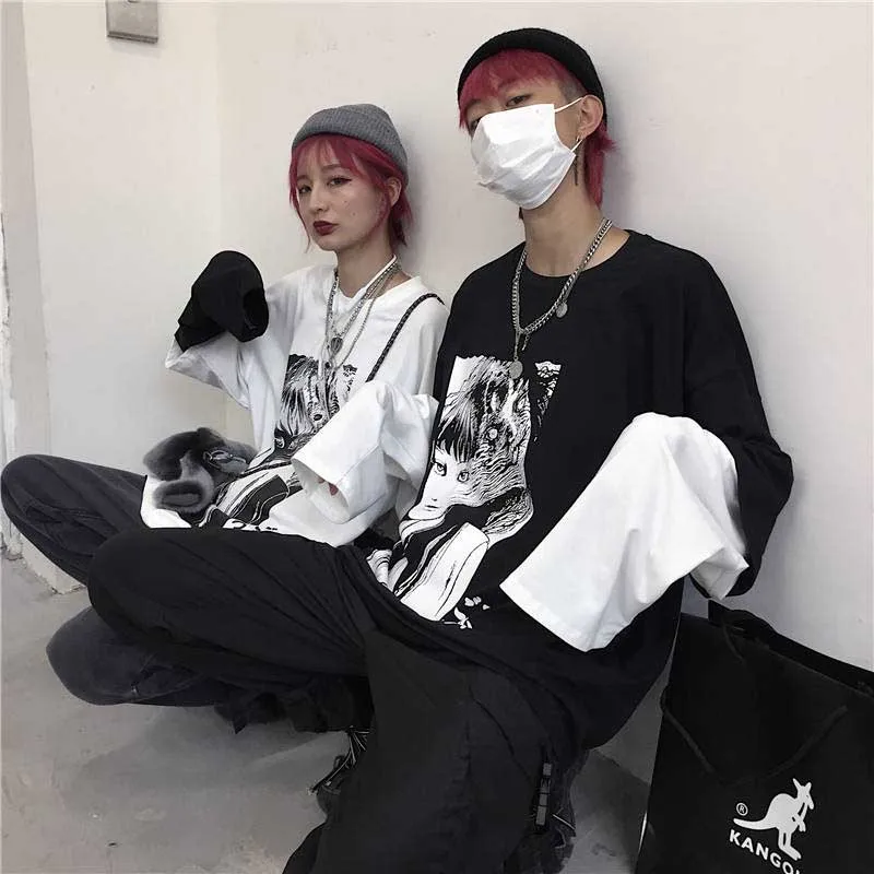 NiceMix Harajuku футболка женская поддельная 2 шт. принт японский Fujiang Ужасы комиксы длинный рукав рубашка Женская Vetement Femme