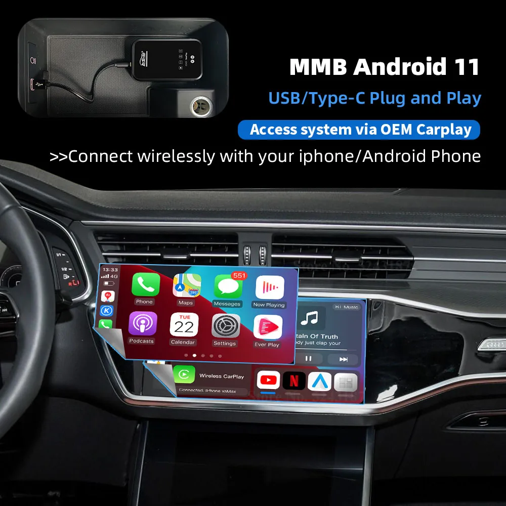 MMB Plus Android Carplay AI Box Универсальный беспроводной Apple Netflix YouTube HDMI подголовник монитор