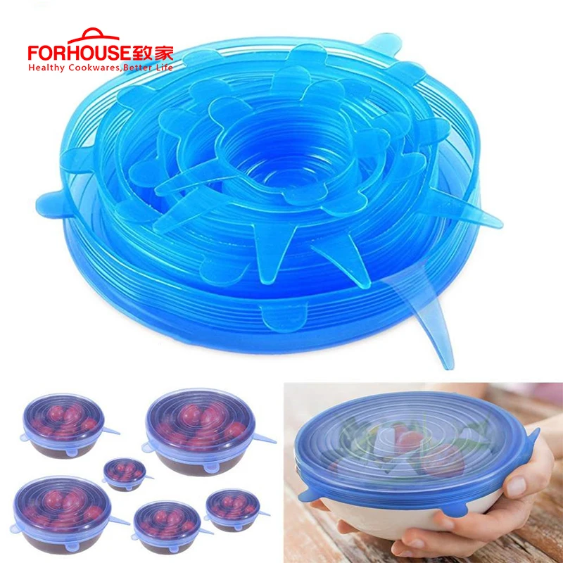

6 pc/set Universal Silicone Stretch lid Food Wrap Bowl Pan Pot Lid Handles Cover BPA Free Cooking Parts