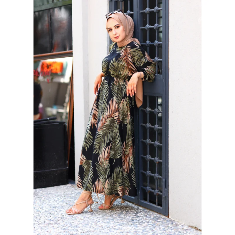

Leaf Pattern Waist Gathered Dress Woman Long Dress Muslim Sets Mubarak European Clothing Hijab Abayas Women Hijab Dresses For