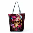 Крутая многоразовая женская сумка через плечо с цветочным принтом черепа для Хэллоуина уличная уникальная Складная Женская Повседневная сумка для покупок черного цвета