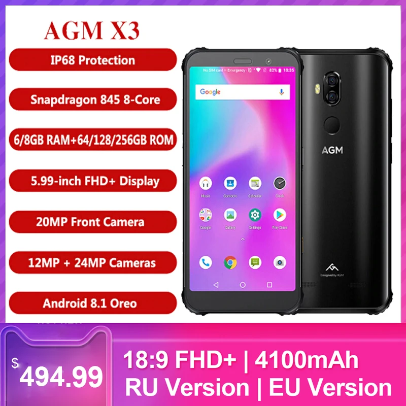AGM X3 прочный 8/6GB+ 256/128/64GB Водонепроницаемый 5,99 дюймовый Snapdragon 845 8-ядерный мобильный телефон Android 8,1 24MP 4100mAh 4G смартфон