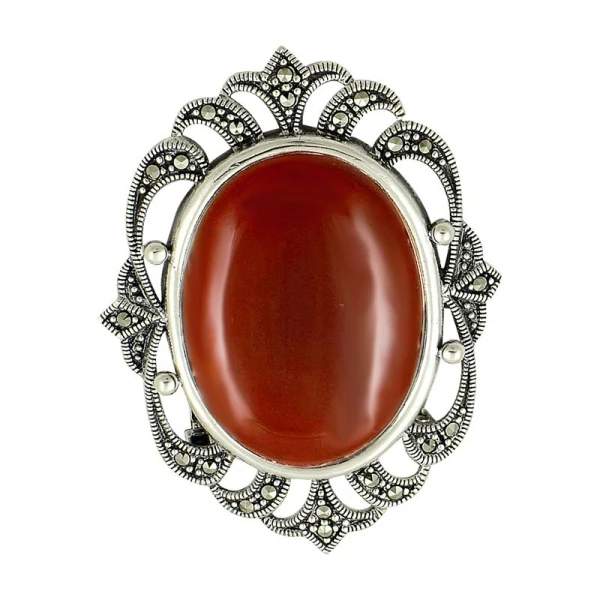 

Silver 925 Sterling Marcasite & Agate Stone Brooch