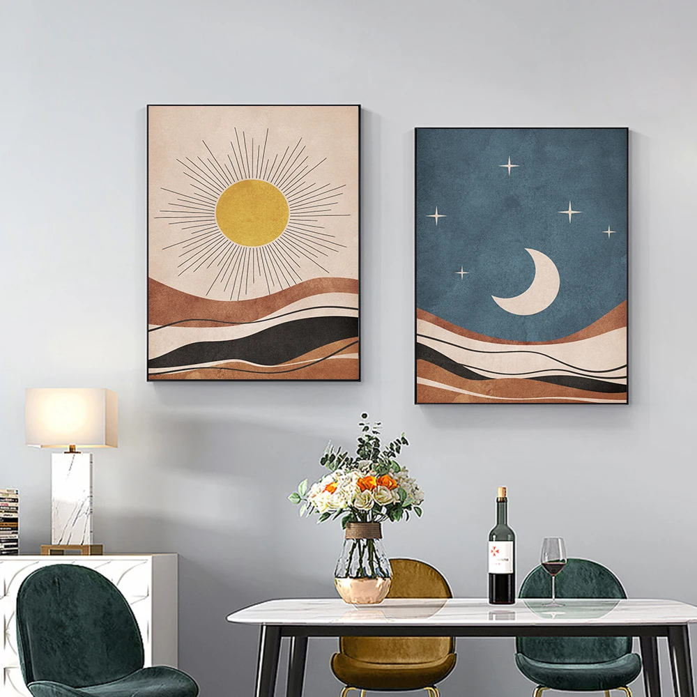 

Sun Moon Poster Boho Landscape Canvas Painting Abstract Mountain Art Print Nordic Wall Picture For Living Bedroom Vintage Decor