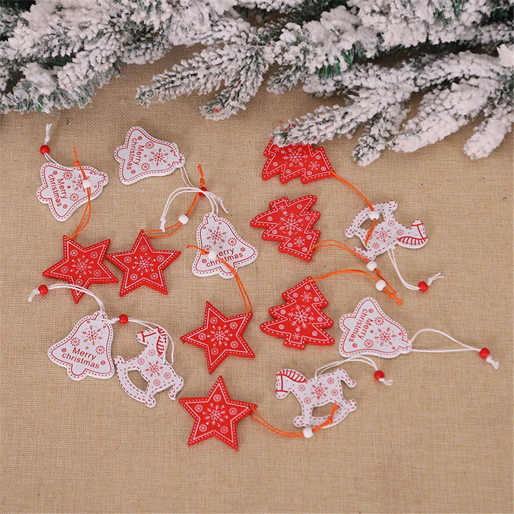 

12PCS/Lot DIY White&Red Christmas Tree/Heart/Star Wooden Pendants Ornaments For Home Xmas Tree Ornaments Kids Gifts Decorations