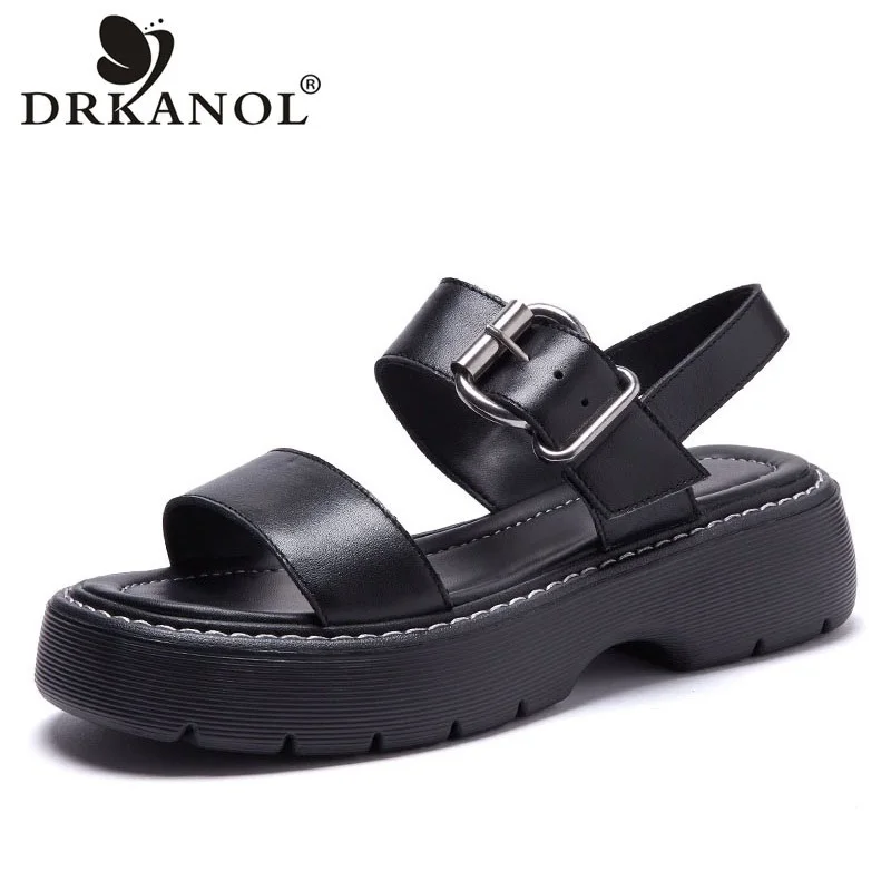

DRKANOL 2022 Fashion Thick Bottom Open Toe Sandals Women Summer Genuine Leather Leisure Platform Sandals Student Sandalias Mujer