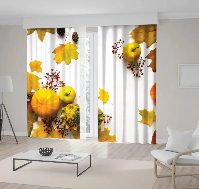 

Curtain Stylish Composition of Colorful Vegetables Fruits Autumn Leaves and Berries Yellow White