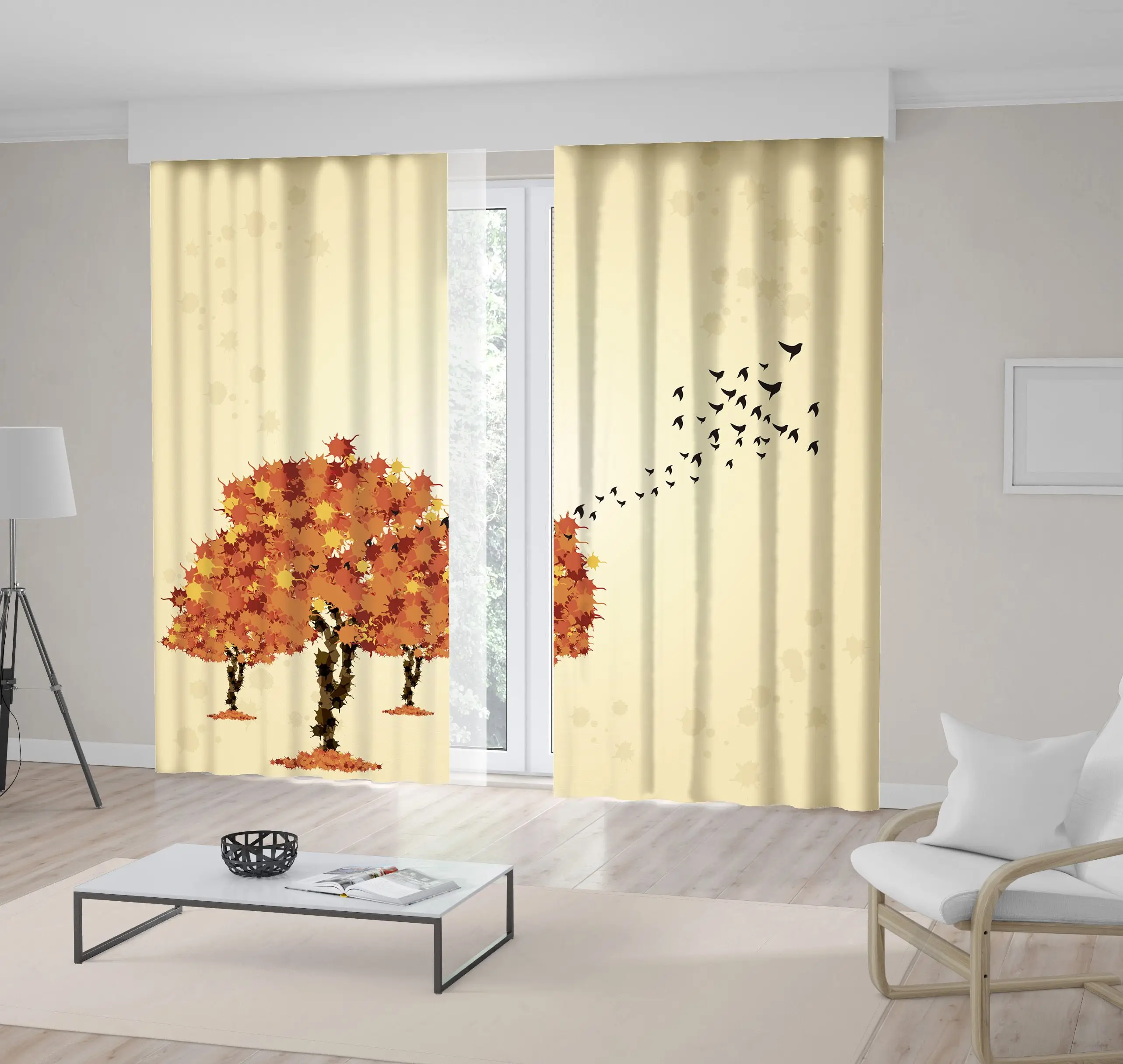 

Curtain Autumn Trees and Birds Flying to South Rural Nature Wildlife Seasonal Scenery Printed Orange Yellow Beige